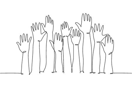 One single line drawing of group of people open up and raising their hands up into the air. Business team work concept. Modern continuous line draw design graphic vector illustrationのイラスト素材