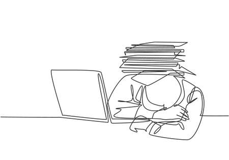 Single continuous line drawing of young despair employee got crushed by pile of papers on his desk. Work overload pressure at the office concept. One line draw graphic design vector illustrationのイラスト素材