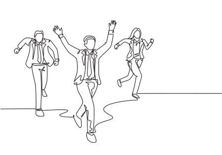 One single line drawing of young male female worker happy after winning cross the finish line beating his friends. business running competition concept continuous line draw design vector illustrationのイラスト素材