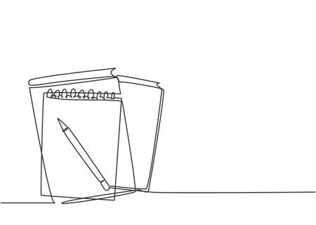 Single continuous line drawing of notebook or notepad with a pencil above work desk. Writing business draft on office notes concept. Trendy one line draw design vector graphic illustrationのイラスト素材