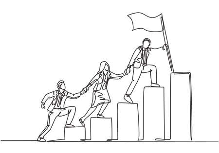 Single continuous line drawing of team members holding hands together following their leader who hold flag climbing up stairs step by step. Teamwork concept one line draw design vector illustrationのイラスト素材