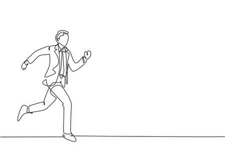 Single continuous single line drawing of young happy businessman opens his hands after running cross the finish line, from side view. Business race concept one line draw design vector illustrationのイラスト素材