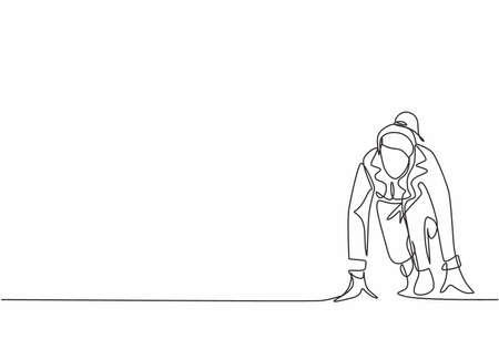 One continuous single line drawing of young happy businesswoman gets ready to doing sprint run on running track, from front view. Business race concept single line draw design vector illustrationのイラスト素材
