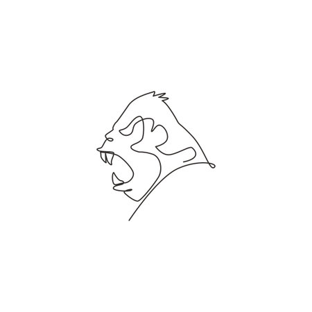 One continuous line drawing of gorilla head for national park logo identity. Primate animal portrait mascot concept for conservation forest icon. Single line draw graphic design vector illustrationのイラスト素材