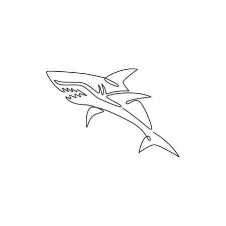 Single continuous line drawing of aggressive shark for nature adventure company logo identity. Wildlife sea fish animal concept for safe ocean organization mascot. One line draw design illustrationのイラスト素材