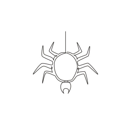 One continuous line drawing of spider pull out the web for business logo identity. Cute insect animal concept for pet lover icon. Trendy single line draw design vector graphic illustrationのイラスト素材