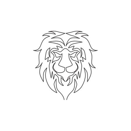 One continuous line drawing of king of the jungle, lion head for company logo identity. Strong feline mammal animal mascot concept for national safari zoo. Single line draw design vector illustrationのイラスト素材