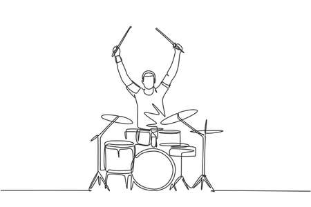 One single line drawing of young happy male drummer raise drumstick up while play drum set on music concert stage. Musician artist performance concept continuous line draw design vector illustrationのイラスト素材
