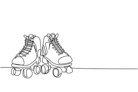 Single continuous line drawing pair of old retro plastic quad roller skate shoes. Vintage classic...