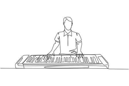 One single line drawing of young happy male pianist playing electric synthesizer, a modern keyboard piano. Musician artist performance concept continuous line draw design graphic vector illustrationのイラスト素材