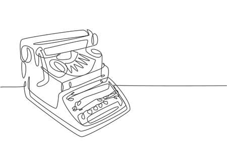 One single line drawing of retro old classic typewriter set from side view. Vintage office item concept continuous line draw graphic design vector illustrationのイラスト素材