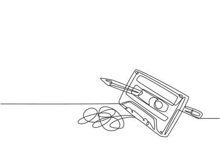 One single line drawing of tangled analog cassette tape ribbon rotate by wooden pencil. Vintage musical item concept continuous line draw design vector illustration graphicのイラスト素材