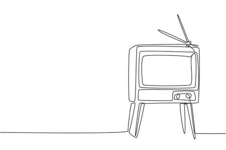 One continuous line drawing of retro old fashioned tv with wooden table and table legs. Classic vintage analog television concept single line draw design graphic vector illustrationのイラスト素材