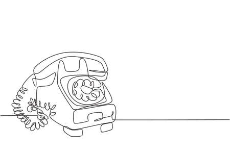One continuous line drawing of old vintage antique analog desk telephone to communicate. Retro classic telecommunication device concept single line draw graphic design vector illustrationのイラスト素材