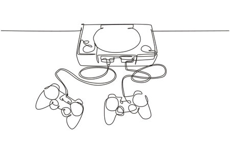 One continuous line drawing of retro old classic arcade video game player with joystick. Vintage...