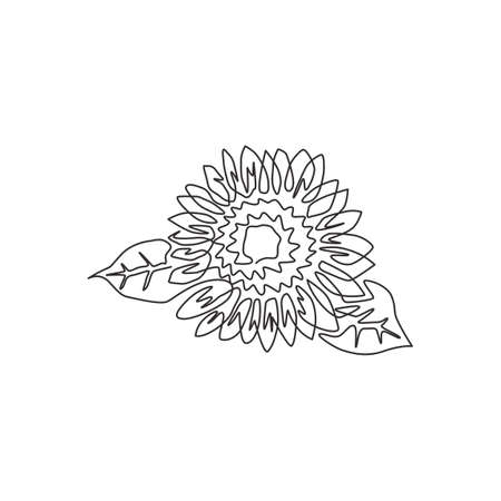 Single continuous line drawing of beauty fresh sunflower for park logo. Decorative helianthus summer flower concept home wall decor poster art. Modern one line draw design vector graphic illustrationのイラスト素材
