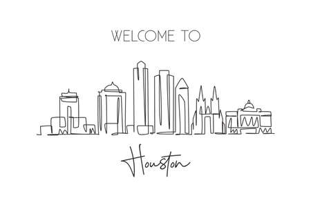 One continuous line drawing Houston city skyline, United States of America. Beautiful landmark. World famous city landscape poster. Editable stylish stroke single line draw design vector illustrationのイラスト素材