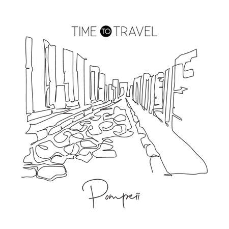 Single continuous line drawing Pompeii ancient Roman city landmark. Historic beautiful place in Naples, Italy. World travel wall decor poster concept. Modern one line draw design vector illustrationのイラスト素材