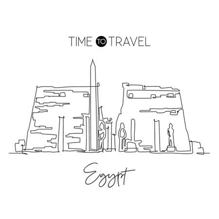 One continuous line drawing Ancient Egyptian Luxor Temple landmark. World iconic place in Egypt. Holiday vacation home decor wall art poster concept. Modern single line draw design vector illustrationのイラスト素材