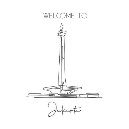 Depok, Indonesia - August 5, 2019: One single line drawing Monas landmark. World iconic famous place in Jakarta, Indonesia. Tourism travel postcard wall decor poster art concept. Vector illustrationのイラスト素材