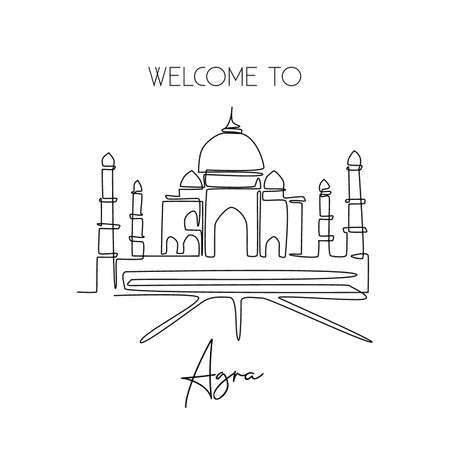 Single one line drawing Taj Mahal mosque. Beauty historical iconic place in Agra, India wall decor poster art. Tourism travel postcard concept. Modern continuous line draw design vector illustrationのイラスト素材