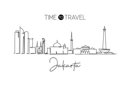 One continuous line drawing of Jakarta city skyline, Indonesia. Beautiful landmark. World landscape tourism travel vacation poster. Editable stylish stroke single line draw design vector illustrationのイラスト素材