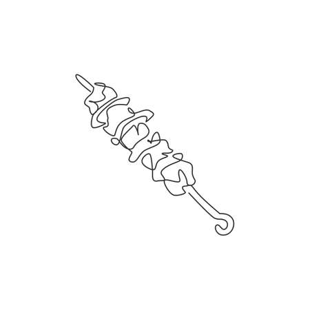 One continuous line drawing of fresh delicious traditional Turkish kebab restaurant logo emblem. Turkey food cafe shop logotype template concept. Modern single line draw design vector illustrationのイラスト素材