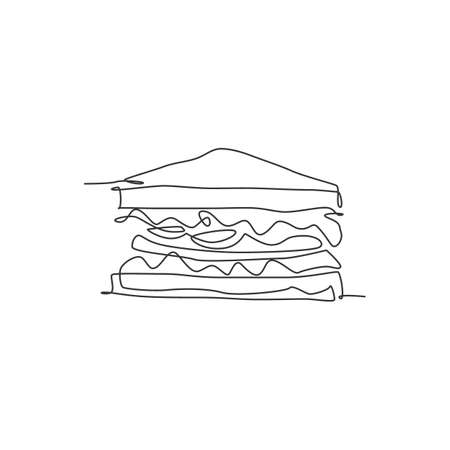 Single continuous line drawing of stylized sandwich logo label. Emblem fast food hot dog restaurant concept. Modern one line draw design vector illustration for cafe, shop or food delivery serviceのイラスト素材