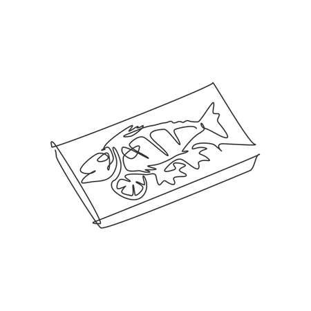 One single line drawing of fresh tasty delicious baked salmon fish on hot plate logo vector illustration. Seafood cafe menu and restaurant badge concept. Modern continuous line draw street food designのイラスト素材