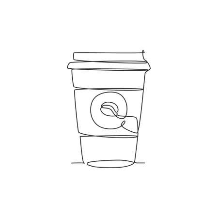 One single line drawing of hot fresh paper cup of coffee logo vector graphic illustration. Coffee shop cafe menu and restaurant badge concept. Modern continuous line draw design street drink logotypeのイラスト素材