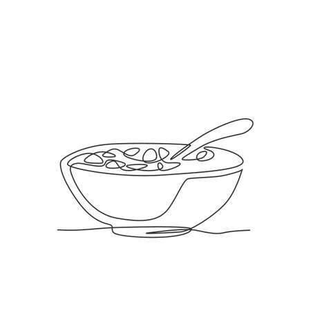 Single continuous line drawing of stylized bowl of cereal breakfast with fresh milk. Healthy whole wheat food concept. Modern one line draw design natural food vector illustration graphicのイラスト素材