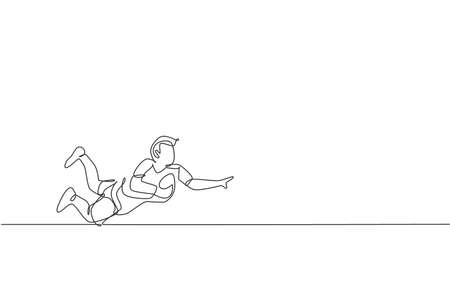 Single continuous line drawing of young agile rugby player jumping to catch the ball. Competitive sport concept. Trendy one line draw design vector illustration for rugby tournament promotion mediaのイラスト素材
