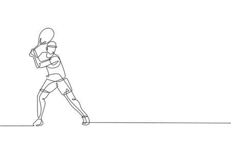One continuous line drawing of young happy tennis player concentrate to hit the ball. Competitive sport concept. Dynamic single line draw design vector illustration for tournament promotion posterのイラスト素材