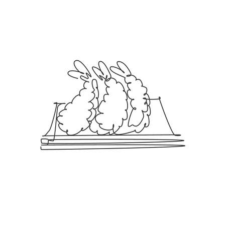 One continuous line drawing of fresh delicious Japanese fried tempura restaurant logo emblem. Seafood cafe shop logotype template concept. Modern single line draw design vector illustration graphicのイラスト素材