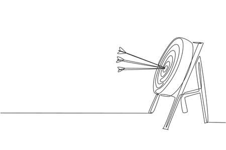 One continuous line drawing of arrows was shot bullseye to archery target, side view. Archery sport training and exercising concept. Dynamic single line draw graphic design vector illustrationのイラスト素材