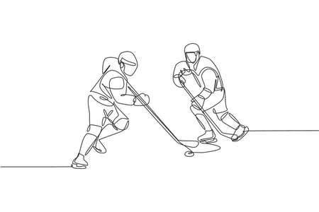 One single line drawing of two young ice hockey player in action to play competitive game on ice rink stadium vector graphic illustration. Sport tournament concept. Modern continuous line draw designのイラスト素材