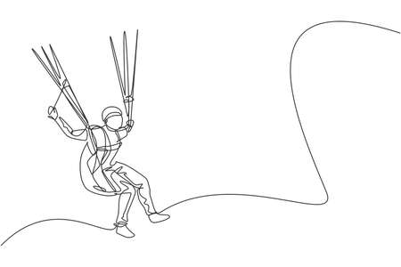 One single line drawing of young sporty man flying with paragliding parachute on the sky vector illustration graphic. Extreme sport concept. Modern continuous line draw designのイラスト素材