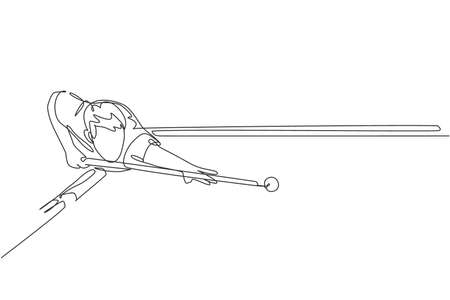 Single continuous line drawing of young handsome professional athlete man playing pool billiards at billiard room in bar. Indoor sport game concept. Trendy one line draw design vector illustrationのイラスト素材