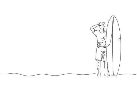 One continuous line drawing young happy tourist surfer holding surfboard at sandy beach. Healthy extreme watersport concept. Summer holiday. Dynamic single line draw graphic design vector illustrationのイラスト素材