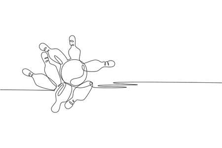 One single line drawing of bowling ball thrown to bowling pins until falling apart vector graphic illustration. Leisure activity and recreational game sport concept. Modern continuous line draw designのイラスト素材