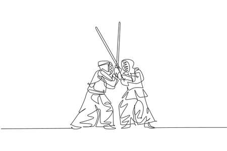 One single line drawing of two young energetic man exercise sparring fight kendo with wooden sword at gym center vector illustration. Combative fight sport concept. Modern continuous line draw designのイラスト素材