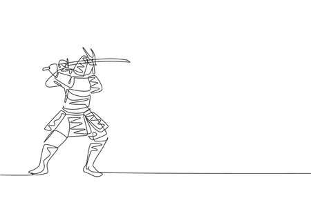 Single continuous line drawing of young strong samurai shogun wearing traditional uniform holding sword at festival. Ancient fighter soldier concept. Trendy one line draw design vector illustrationのイラスト素材
