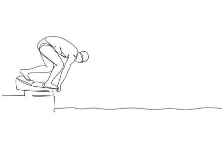 Single continuous line drawing of young happy professional swimmer man focus training in gym swimming pool center. Healthy lifestyle concept. Trendy one line draw design graphic vector illustrationのイラスト素材