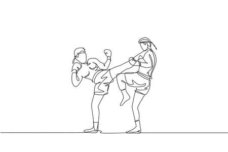 One single line drawing of two young energetic muay thai fighter men train to duel at gym fitness center vector illustration. Combative thai boxing sport concept. Modern continuous line draw designのイラスト素材