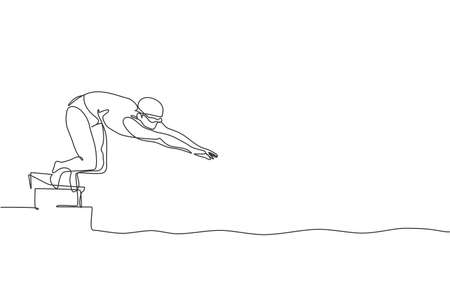 One single line drawing of young sporty fit swimmer ready to jump to swimming pool indoor pool sport center vector illustration. Healthy lifestyle and sport concept. Modern continuous line draw designのイラスト素材