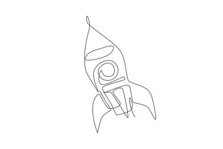 Single continuous line drawing rocket launch fly into the sky universe. Vintage spacecraft rocketship. Simple retro outer space vehicle concept. Trendy one line draw design graphic vector illustrationのイラスト素材