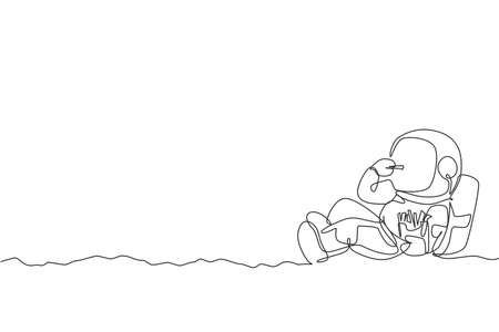 One continuous line drawing of cosmonaut laying relax on moon surface and eating french fries. Fantasy outer space astronaut life concept. Dynamic single line draw design vector illustration graphicのイラスト素材
