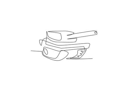 One continuous line drawing of metal war tank with cannon gun. Transportation vehicle concept. Dynamic single line draw design graphic vector illustrationのイラスト素材