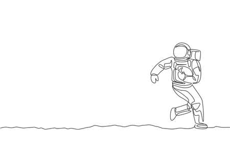 One single line drawing spaceman astronaut practices American football in cosmic galaxy vector illustration. Healthy outer space cosmonaut lifestyle sport concept. Modern continuous line draw designのイラスト素材