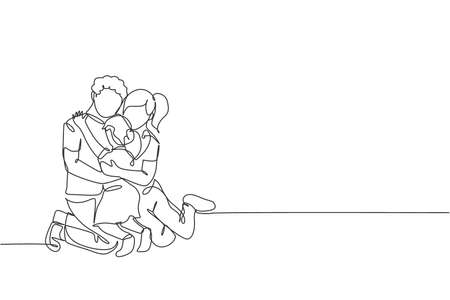 One continuous line drawing of young happy mom and dad hugging their ...